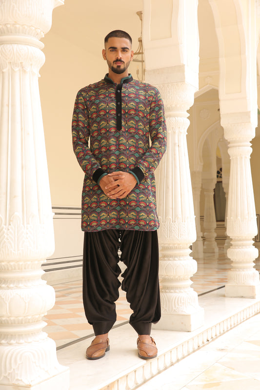 Black Multicolor Printed Linen Silk Short Kurta