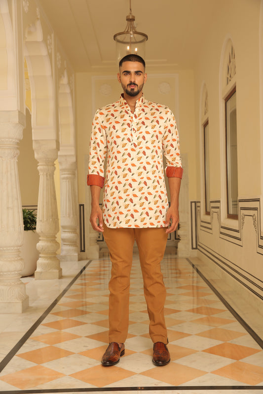 Cream Multicolour Leaf Print Linen Silk Kurta