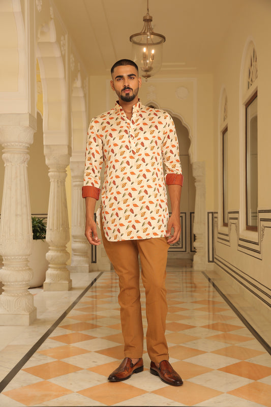 Cream Multicolour Leaf Print Linen Silk Kurta