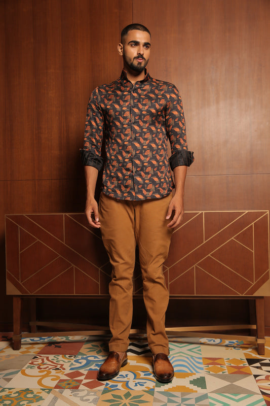 Black Ochre Leaf Print Linen Silk Shirt