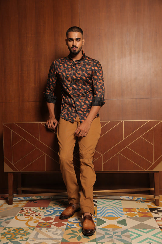 Black Ochre Leaf Print Linen Silk Shirt