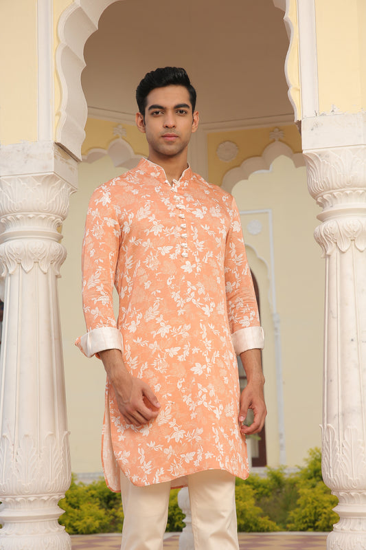Peach White Leaf Linen Silk Printed Short Kurta