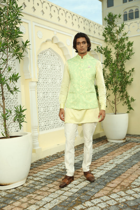 Green Yellow Leaf Print Linen Silk Half Jacket