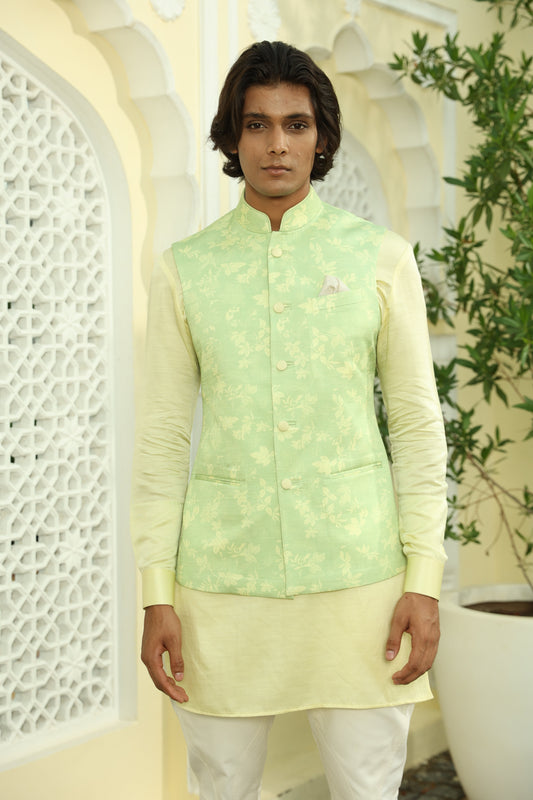 Green Yellow Leaf Print Linen Silk Half Jacket