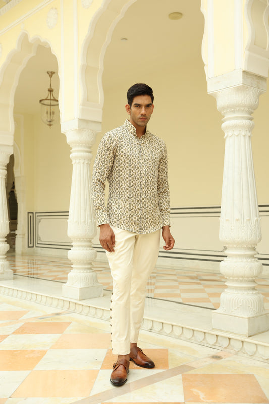 Cream Green Jaal Printed Linen Silk Shirt