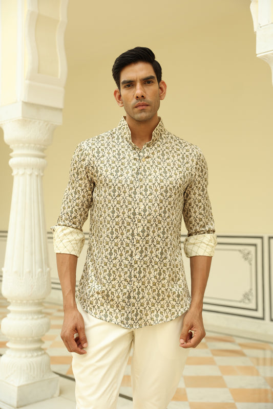 Cream Green Jaal Printed Linen Silk Shirt