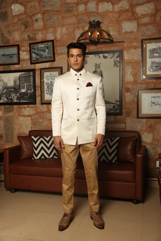White Embossed Jodhpuri Bandhgala