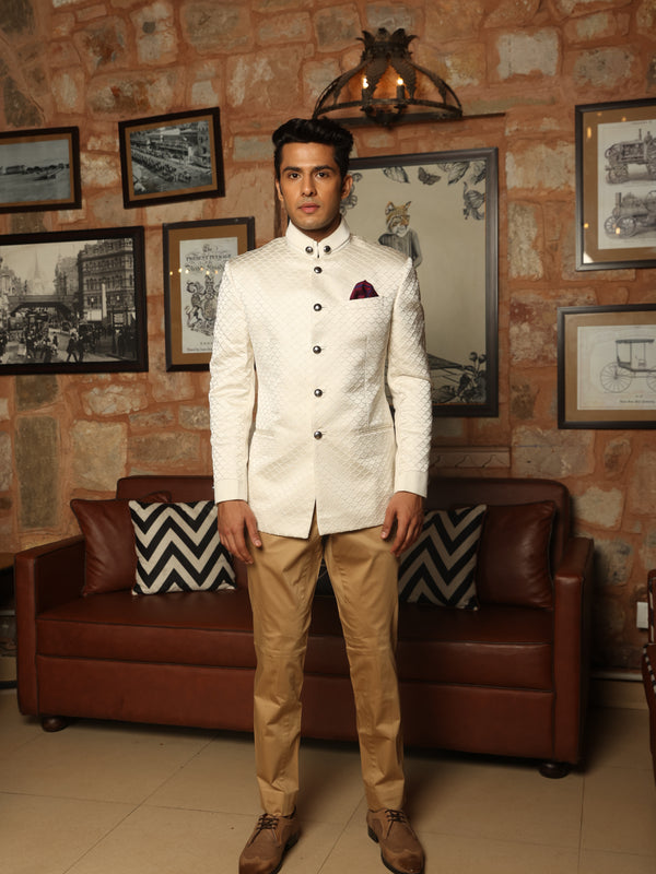 Pavlova Cream plain-Solid Premium Cotton Bandhgala/Jodhpuri Suits for Men.