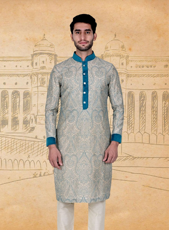 Beige Turquoise Embroidered Silk Kurta
