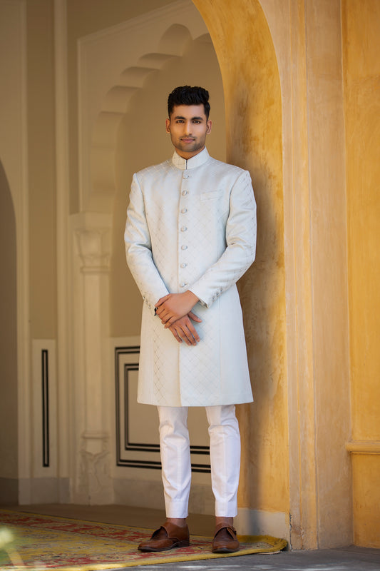 Light Aqua Textured Achkan