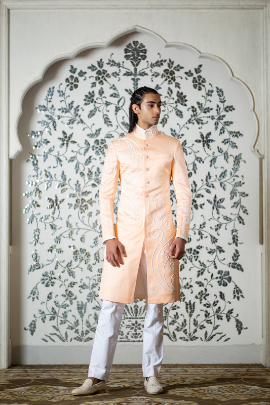 Peach Linen Silk Achkan
