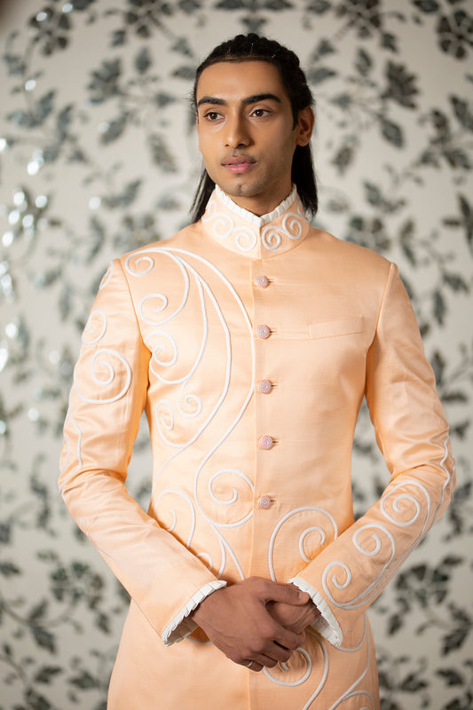 Peach Linen Silk Achkan