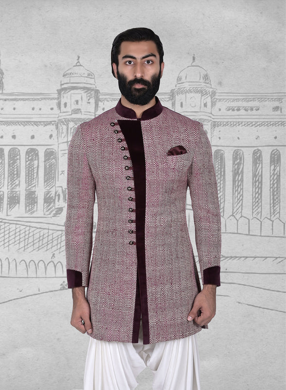 Cream Maroon Matka Silk Angrakha