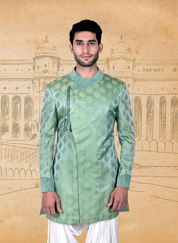 Light Green Booti Silk Angrakha