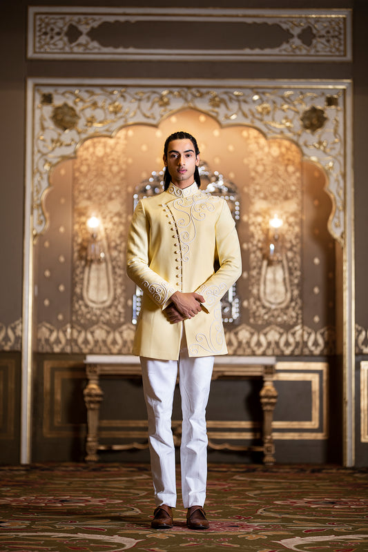 Yellow Linen Silk Angrakha