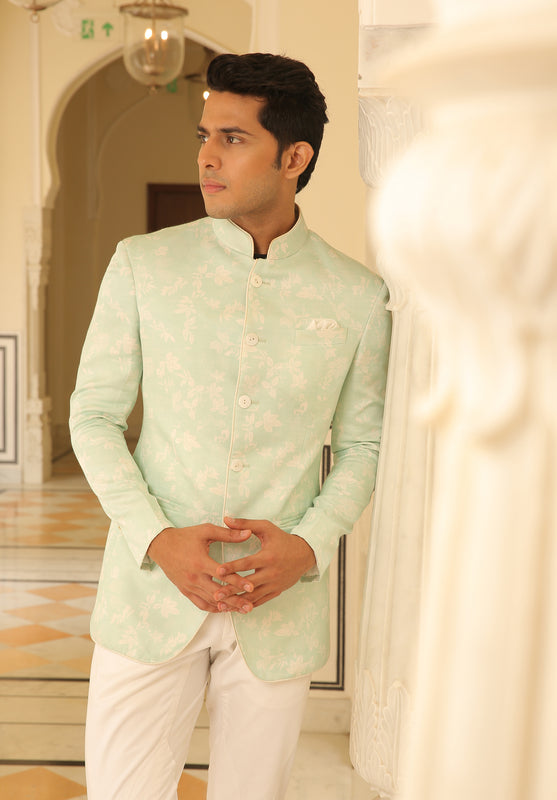 Aqua White Printed Jodhpuri Bandhgala