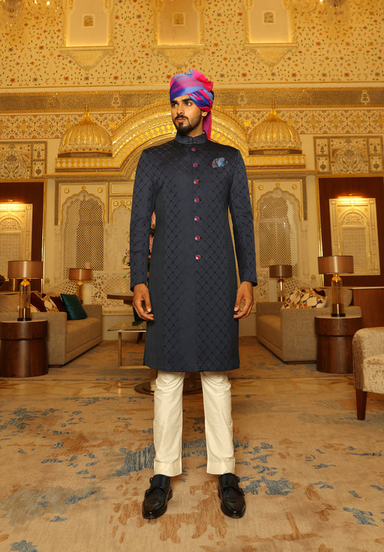 Blue Textured Achkan