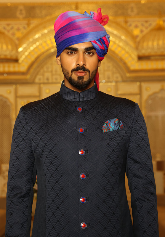 Blue Textured Achkan