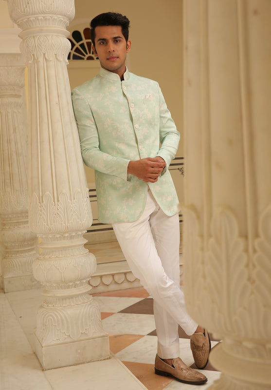 Aqua White Printed Jodhpuri Bandhgala