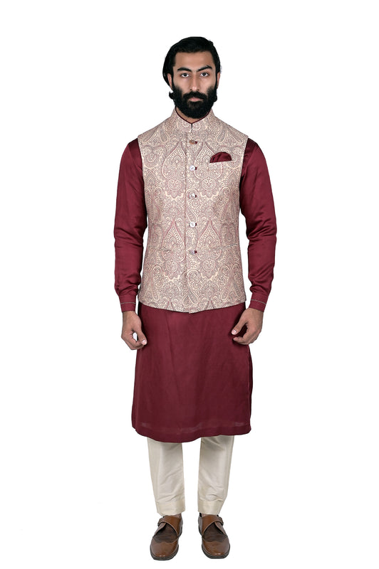 Beige Maroon Silk Brocade Half Jacket