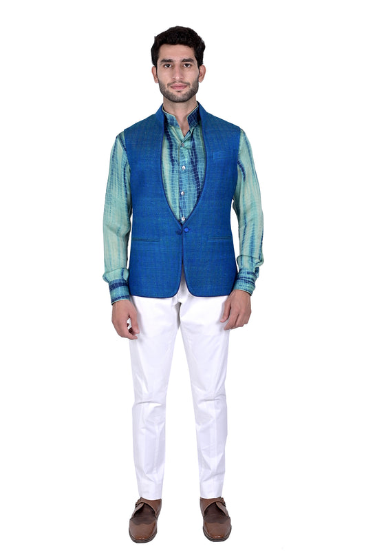 Blue & Green Geometrical Matka Silk Half Jacket