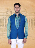 Blue & Green Geometrical Matka Silk Half Jacket
