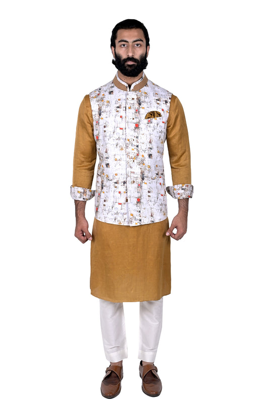 White/Multicolor Linen Geometrical Printed Half Jacket