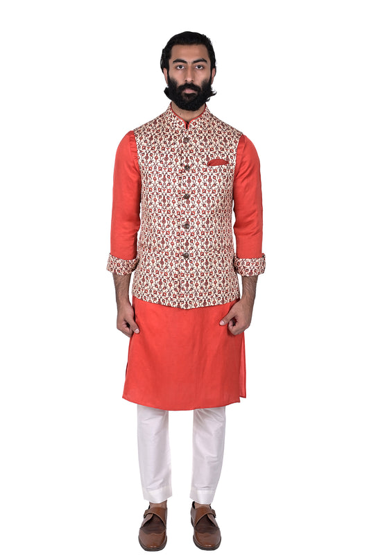 Beige/Red Linen Silk Printed Half Jacket