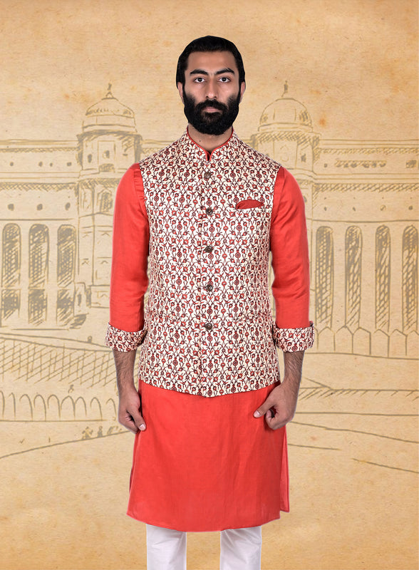 Beige/Red Linen Silk Printed Half Jacket