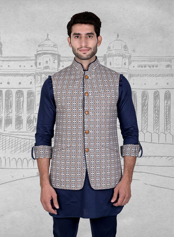 White Blue Mustard Linen Half Jacket