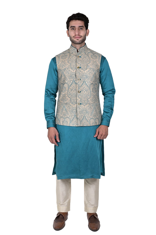 Beige Turquoise Embroidered Half Jacket