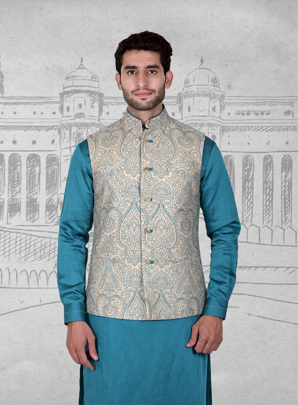 Beige Turquoise Embroidered Half Jacket