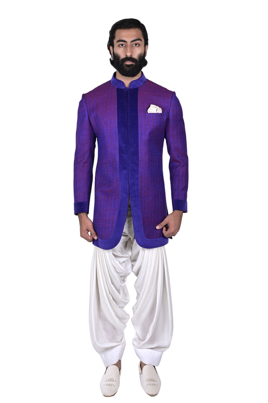 Blue Purple Geometrical Matka Silk Indowestern