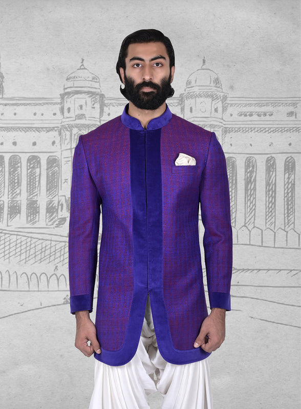 Blue Purple Geometrical Matka Silk Indowestern