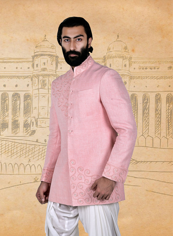Peach/Pink Matka Silk  Indowestern
