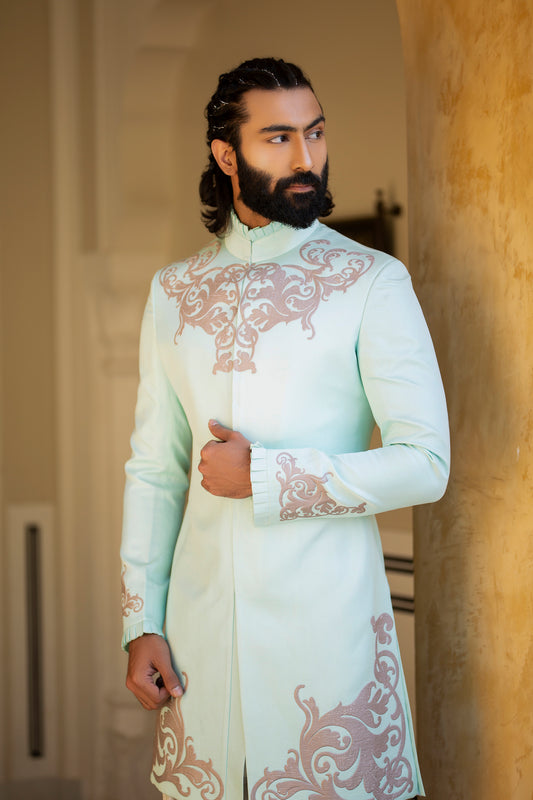 Aqua Linen Silk Indowestern