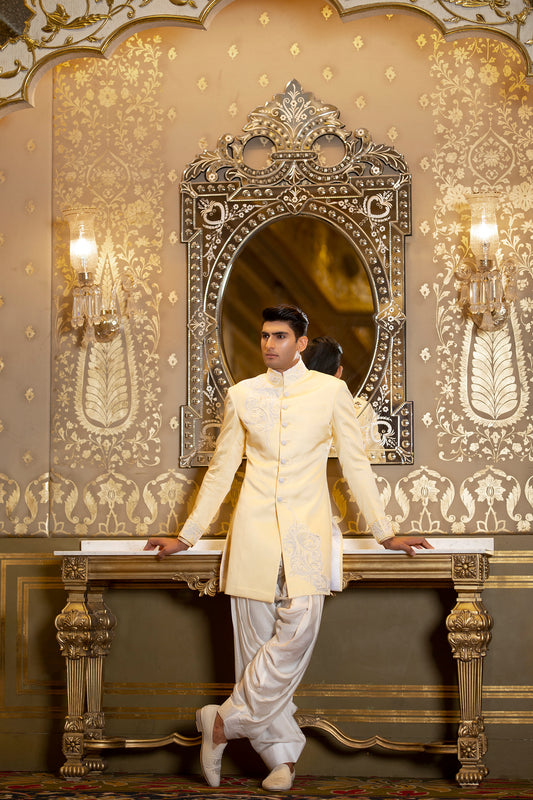 Lemon Yellow Linen Silk Indowestern