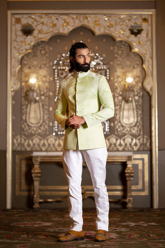 Light Green Linen Silk Jodhpuri Banghgala