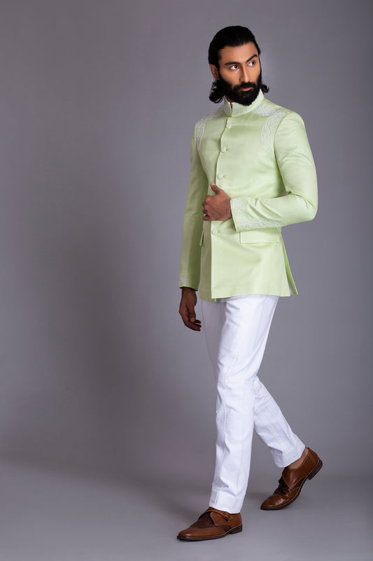 Light Green Linen Silk Jodhpuri Banghgala