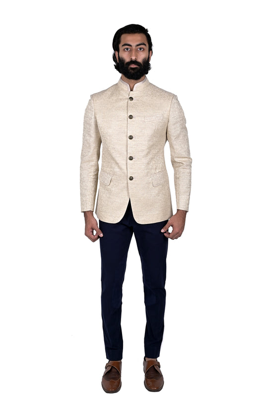 Beige/Gold Jacquard Jodhpuri Bandhgala