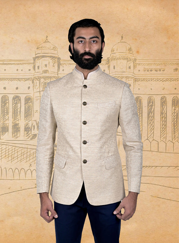 Beige/Gold Jacquard Jodhpuri Bandhgala