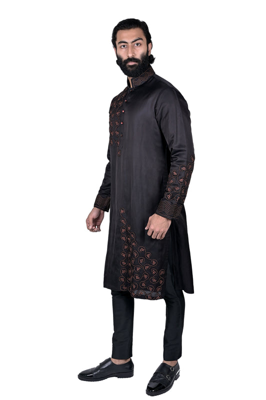 Black Linen Silk Embroidered Kurta