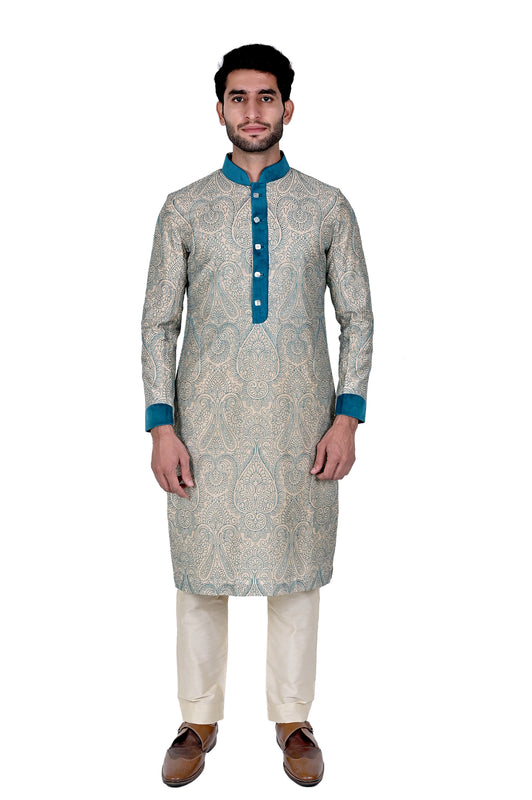 Beige Turquoise Embroidered Silk Kurta