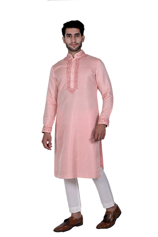 Peach Silk Brocade Embroidered Kurta