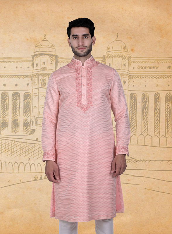 Peach Silk Brocade Embroidered Kurta