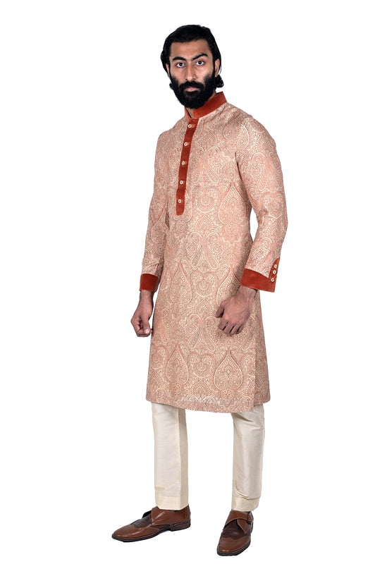 Beige Orange Embroidered Silk Kurta