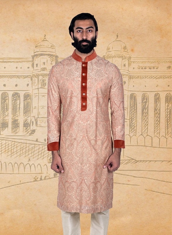 Beige Orange Embroidered Silk Kurta
