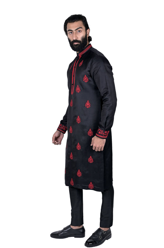 Black Linen Silk Embroidered Kurta