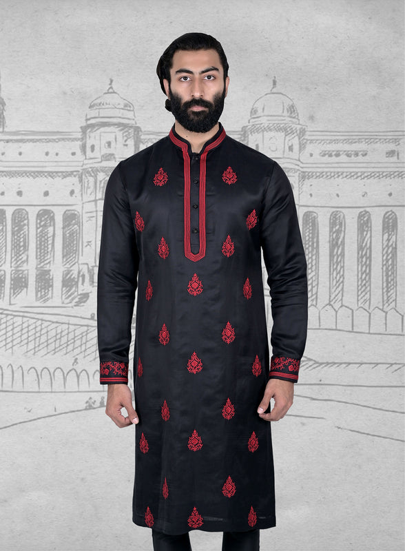 Black Linen Silk Embroidered Kurta