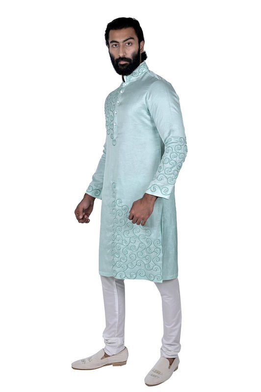 Aqua Linen Silk Embroidered Kurta